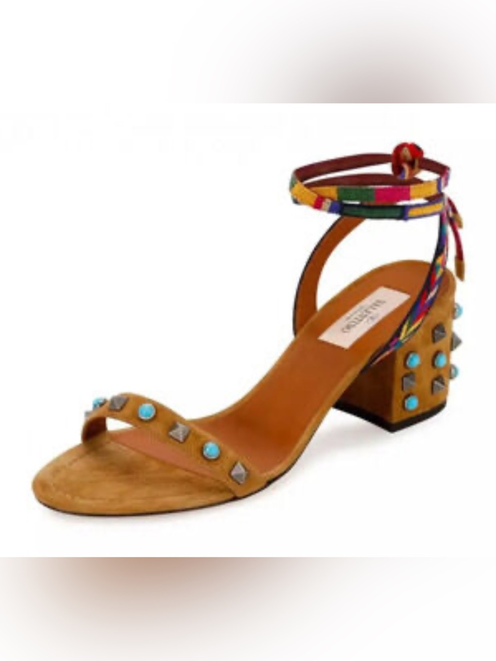 Valentino Tan Suede Sandals with Turquoise Studs and Multicolor Ankle Ties